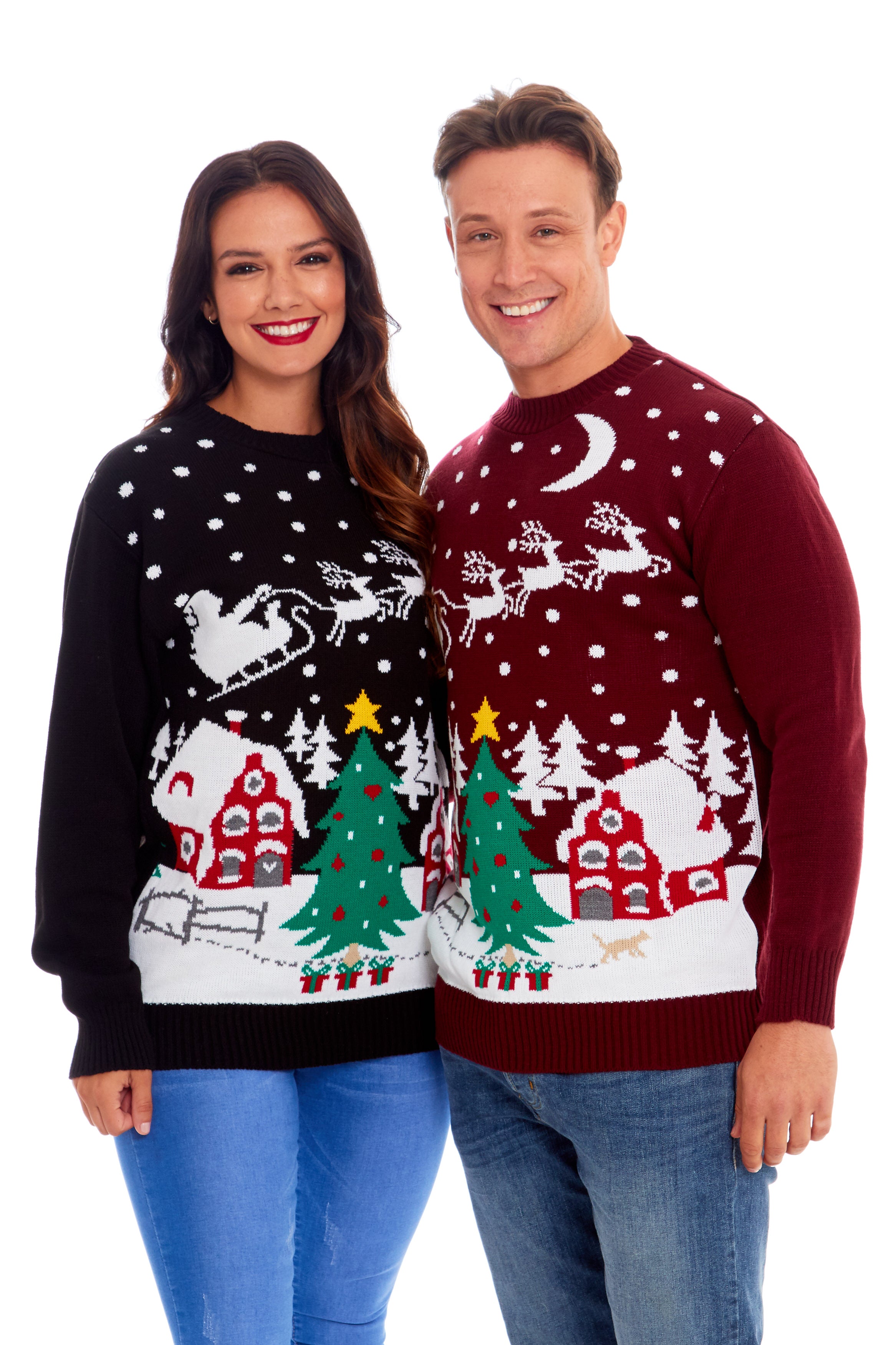 Santa Night Sky Wine Family Christmas Jumper – Festive Knit with Santa, Stars, and Sleigh Design – Cosy and Stylish, Perfect for Matching Family Holiday Photos and Celebrations – Available in Adult & Kids Sizes for a Fun, Coordinated Christmas Look!
