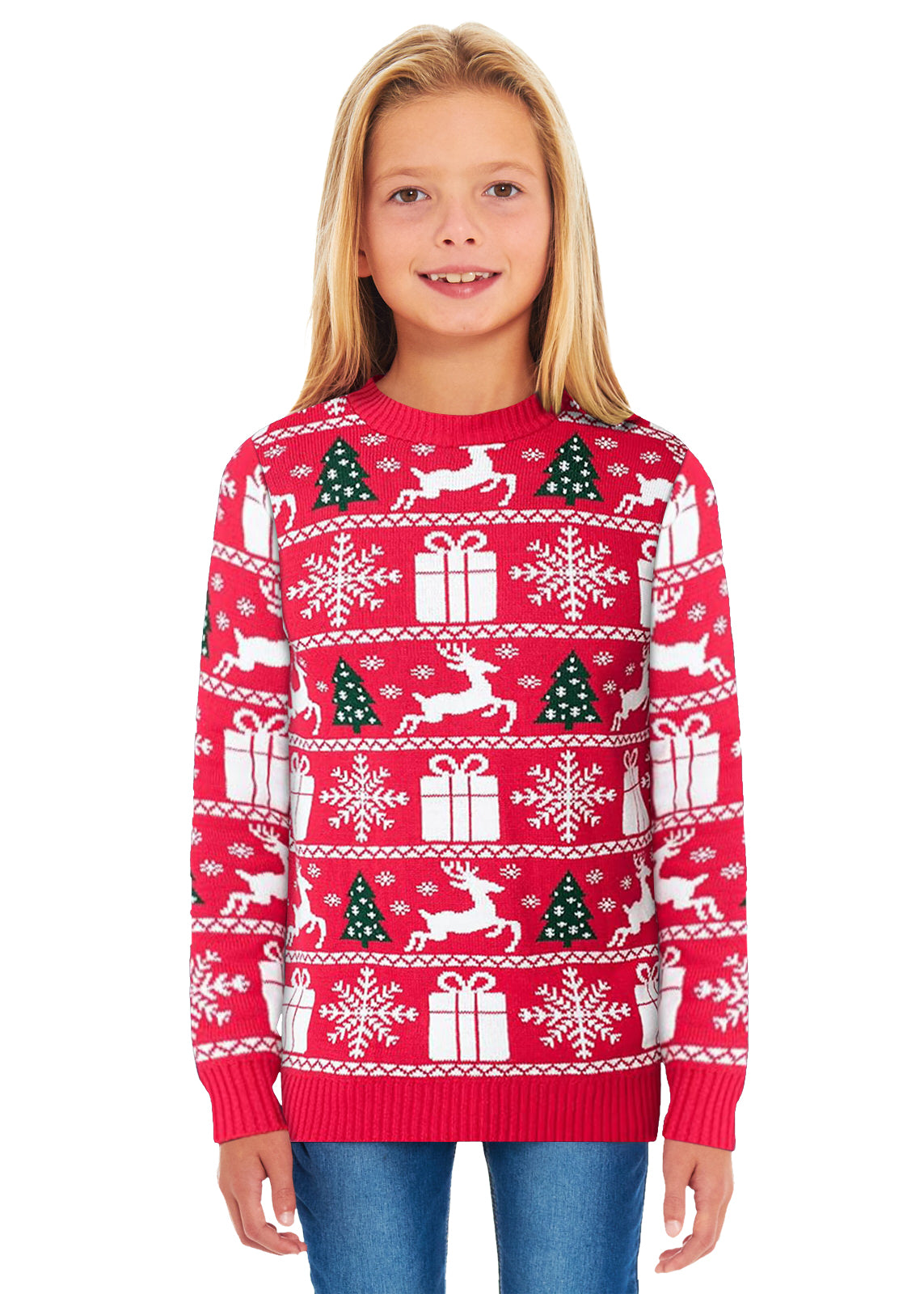 Festive Red Fairisle Family Christmas Jumper – Cozy Knit with Reindeer, Snowflake, and Gift Patterns – Perfect for Matching Family Holiday Photos, Available in Adult & Kids Sizes for a Fun and Festive Winter Season!