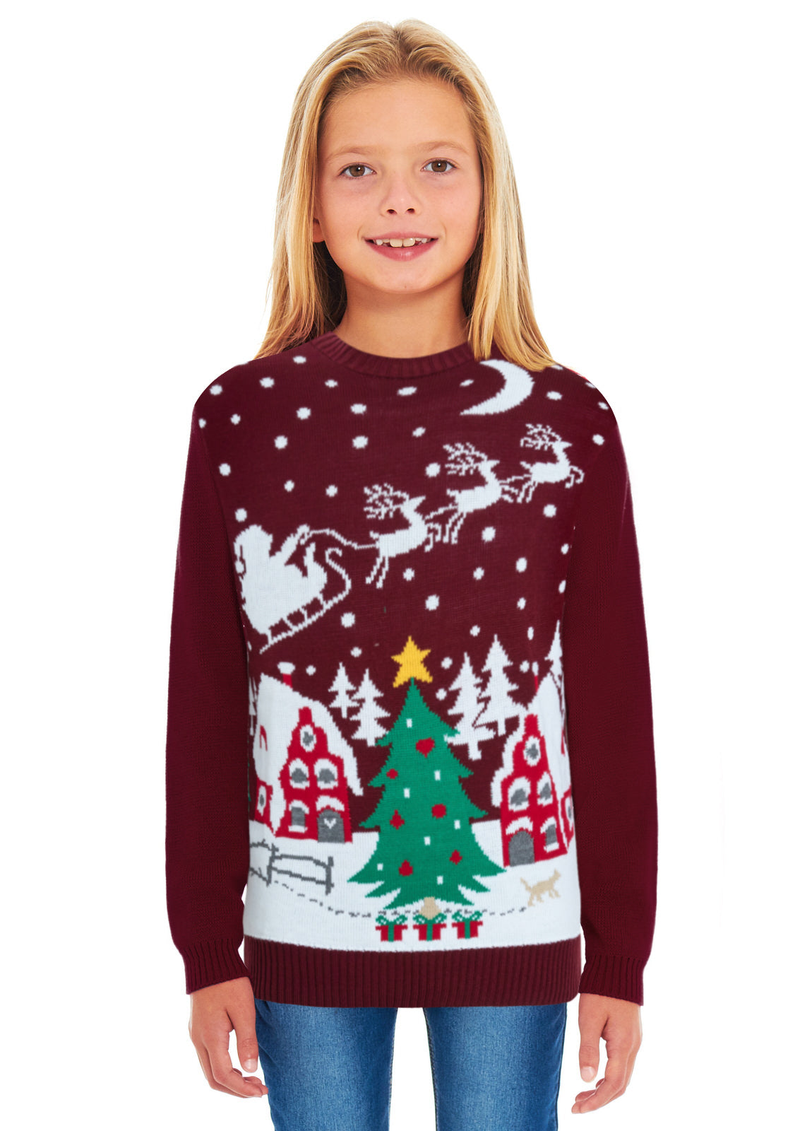 Santa Night Sky Wine Family Christmas Jumper – Festive Knit with Santa, Stars, and Sleigh Design – Cosy and Stylish, Perfect for Matching Family Holiday Photos and Celebrations – Available in Adult & Kids Sizes for a Fun, Coordinated Christmas Look!