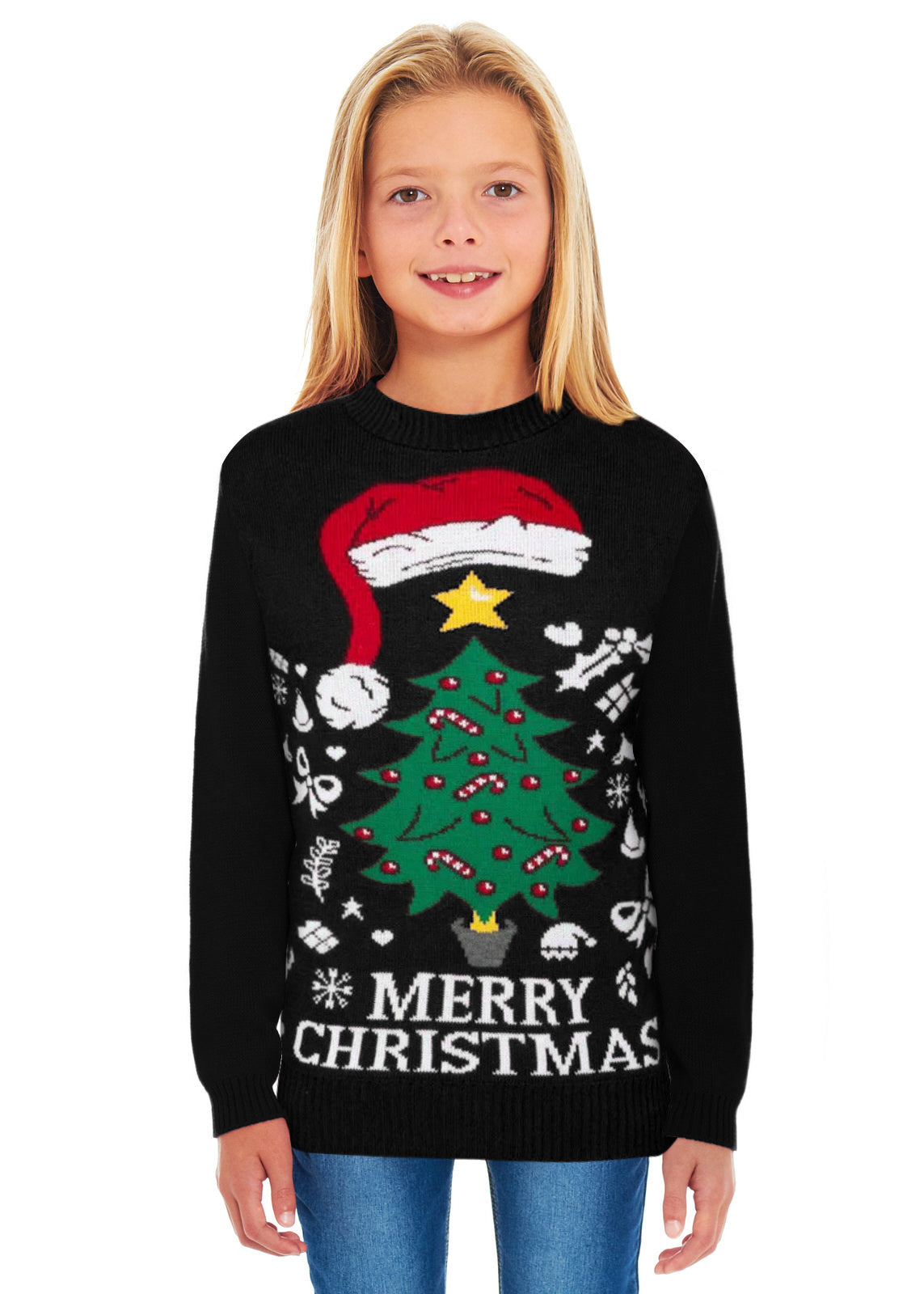 Santa Tree Black Family Christmas Jumper – Matching Festive Sweaters for Adults (S-4XL) & Kids (2-3 to 13-14) – Fun Holiday Design, Cosy Winter Knit, Perfect for Family Photos, Christmas Jumper Day, and Holiday Gatherings!