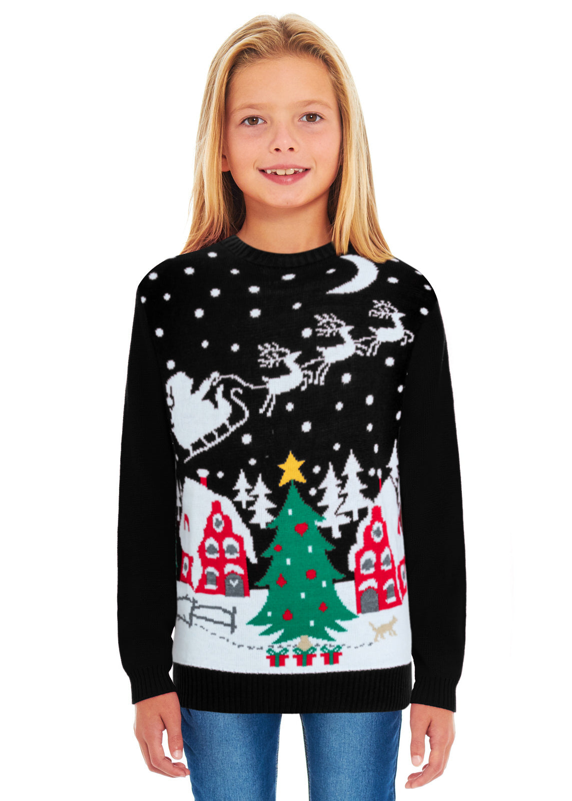 Santa Night Sky Black Family Christmas Jumper – Matching Festive Sweaters for Adults (S-4XL) & Kids (2-3 to 13-14) – Cozy Knit with Santa and Sleigh Design, Perfect for Holiday Photos, Christmas Jumper Day, and Family Celebrations