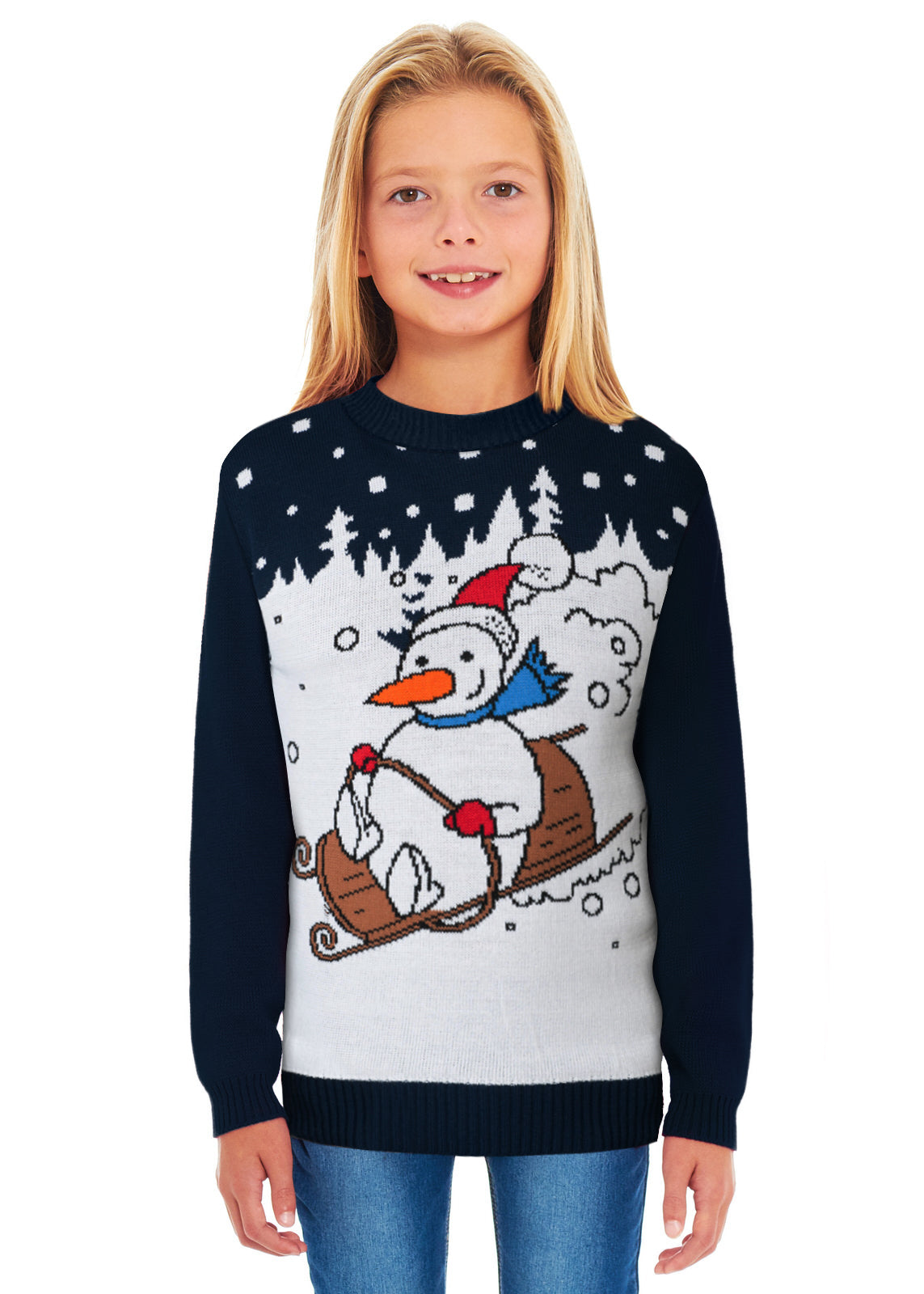 Snowman Sleigh Family Xmas Jumper – Festive Sweater for Adults (S-4XL) & Kids (2-3 to 13-14) – Cosy Knit with Snowman and Sleigh Design, Perfect for Matching Family Photos, Christmas Jumper Day & Holiday Celebrations