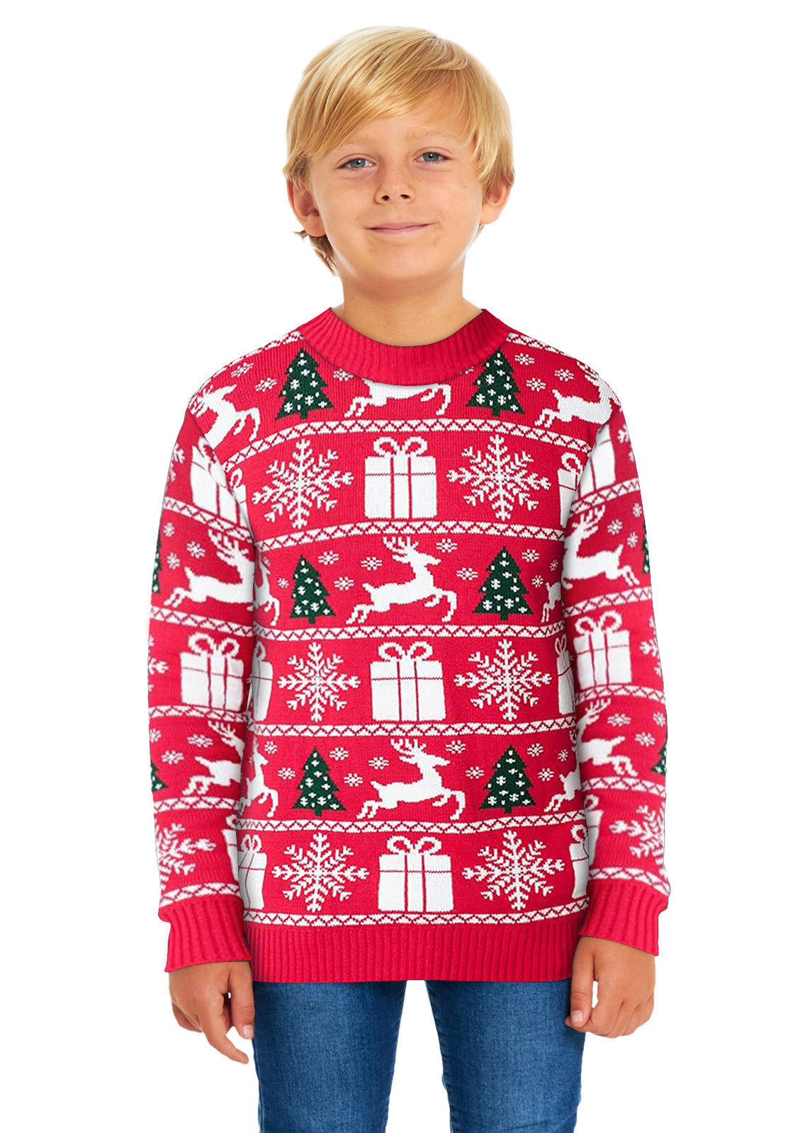 Festive Red Fairisle Family Christmas Jumper – Cozy Knit with Reindeer, Snowflake, and Gift Patterns – Perfect for Matching Family Holiday Photos, Available in Adult & Kids Sizes for a Fun and Festive Winter Season!