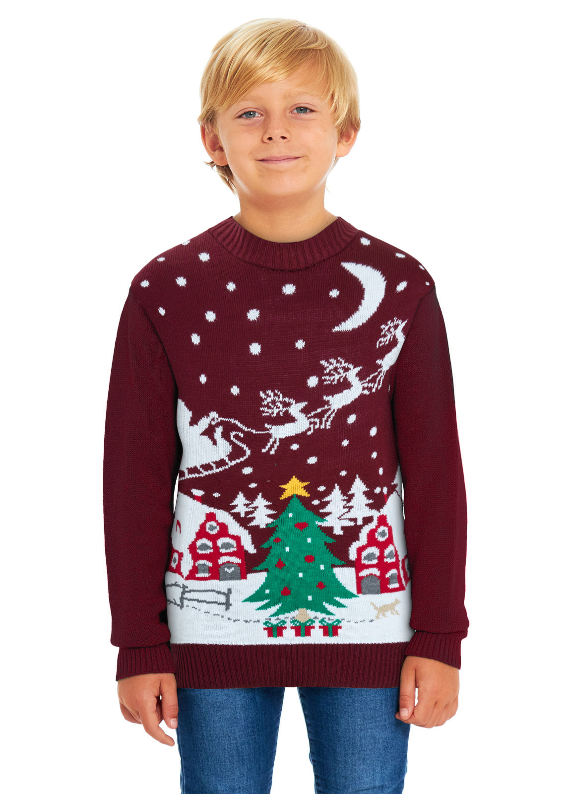 Santa Night Sky Wine Family Christmas Jumper – Festive Knit with Santa, Stars, and Sleigh Design – Cosy and Stylish, Perfect for Matching Family Holiday Photos and Celebrations – Available in Adult & Kids Sizes for a Fun, Coordinated Christmas Look!