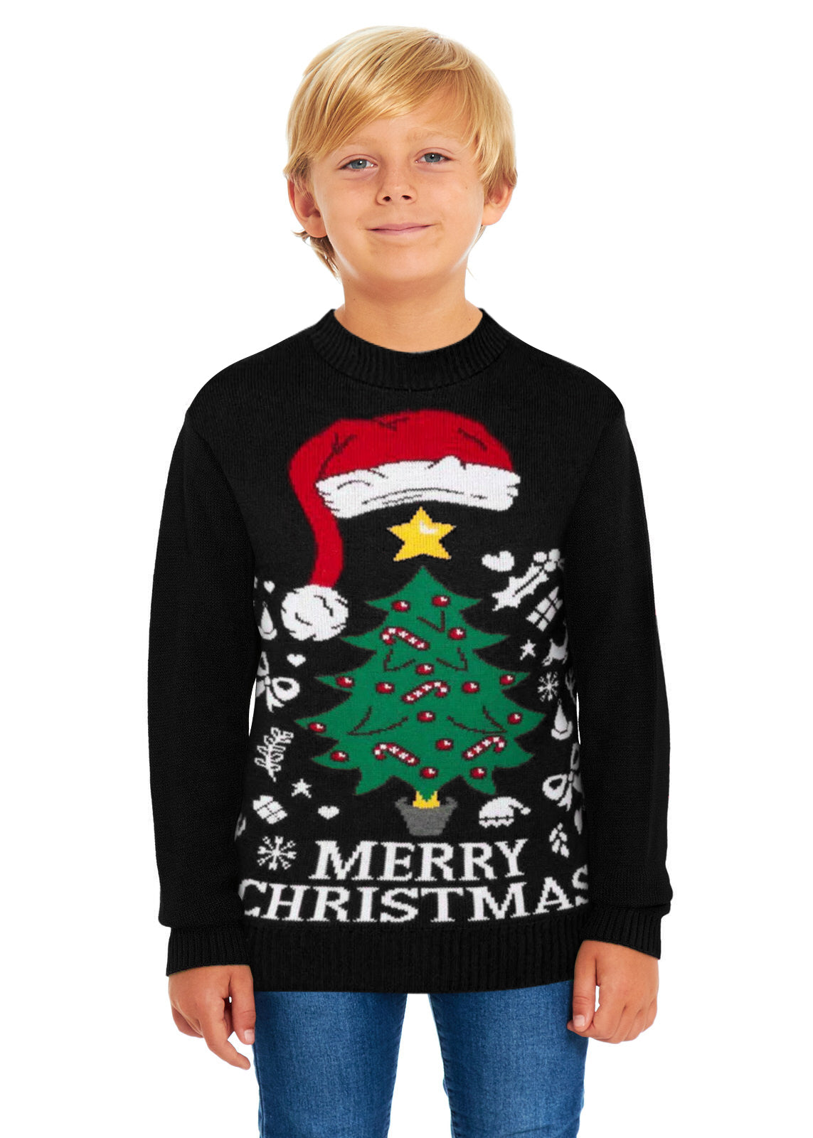 Santa Tree Black Family Christmas Jumper – Matching Festive Sweaters for Adults (S-4XL) & Kids (2-3 to 13-14) – Fun Holiday Design, Cosy Winter Knit, Perfect for Family Photos, Christmas Jumper Day, and Holiday Gatherings!