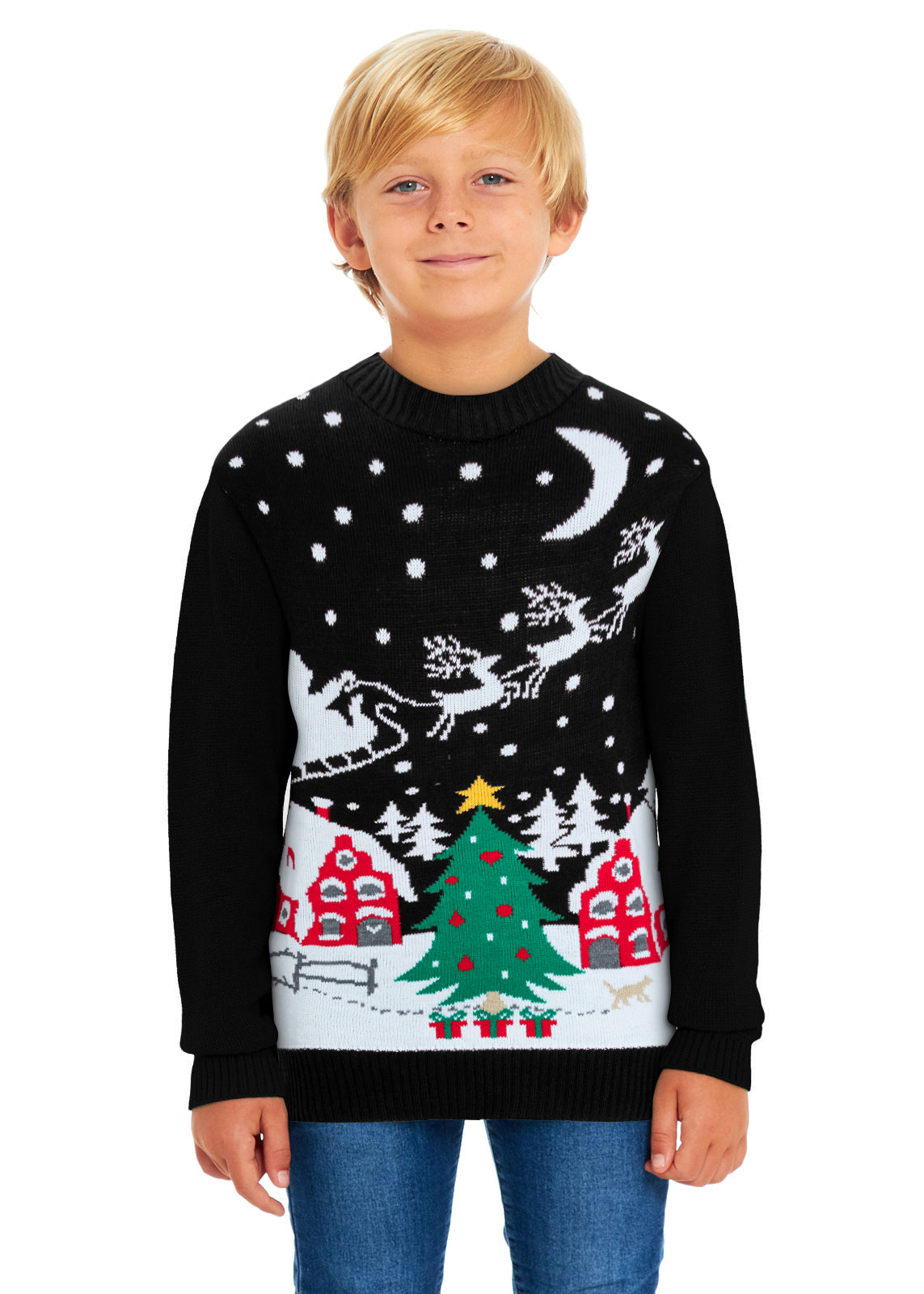 Santa Night Sky Black Family Christmas Jumper – Matching Festive Sweaters for Adults (S-4XL) & Kids (2-3 to 13-14) – Cozy Knit with Santa and Sleigh Design, Perfect for Holiday Photos, Christmas Jumper Day, and Family Celebrations