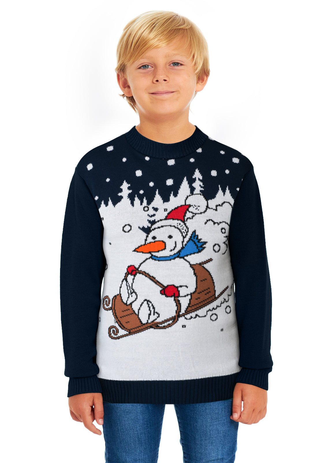 Snowman Sleigh Family Xmas Jumper – Festive Sweater for Adults (S-4XL) & Kids (2-3 to 13-14) – Cosy Knit with Snowman and Sleigh Design, Perfect for Matching Family Photos, Christmas Jumper Day & Holiday Celebrations