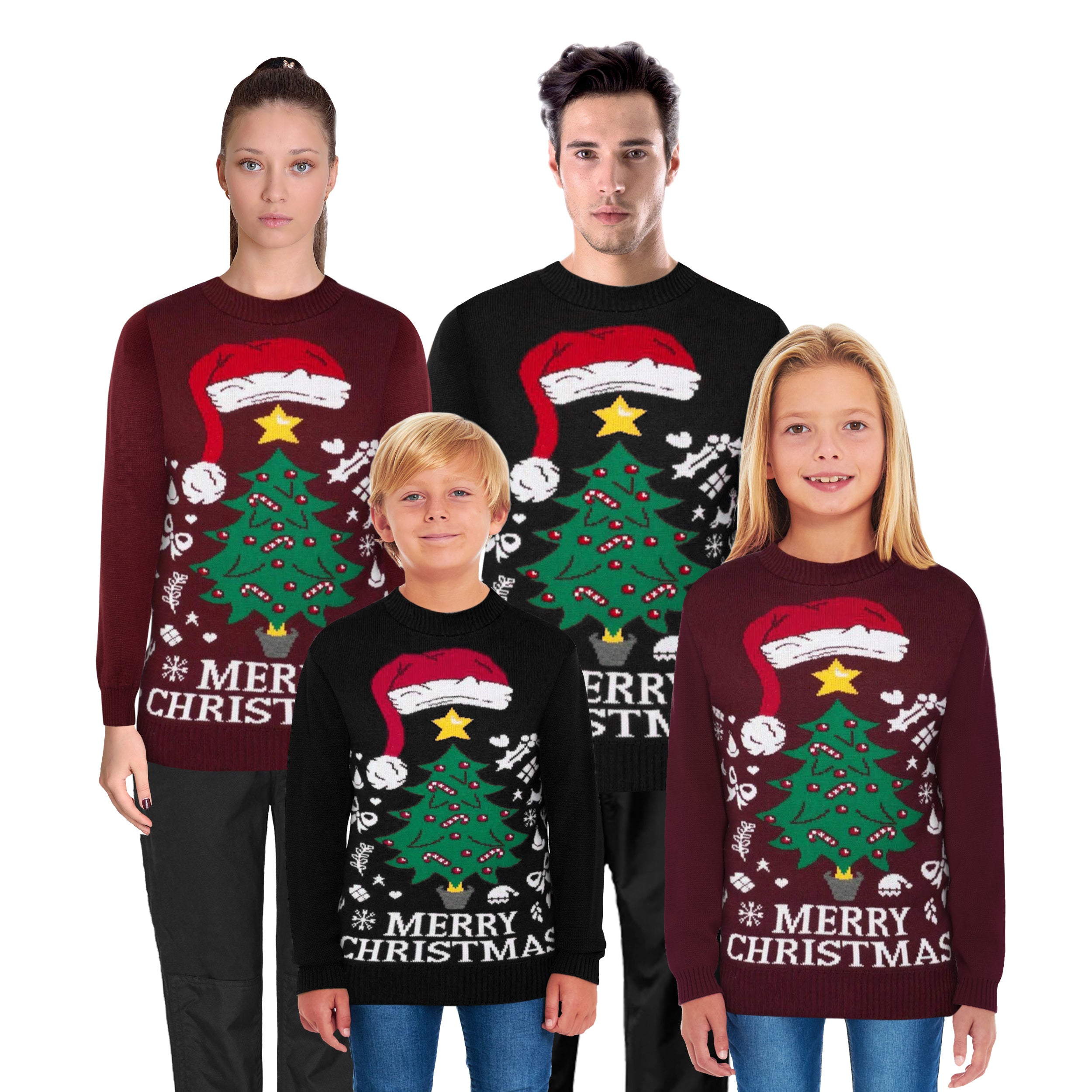 Santa Tree Black Family Christmas Jumper – Matching Festive Sweaters for Adults (S-4XL) & Kids (2-3 to 13-14) – Fun Holiday Design, Cosy Winter Knit, Perfect for Family Photos, Christmas Jumper Day, and Holiday Gatherings!