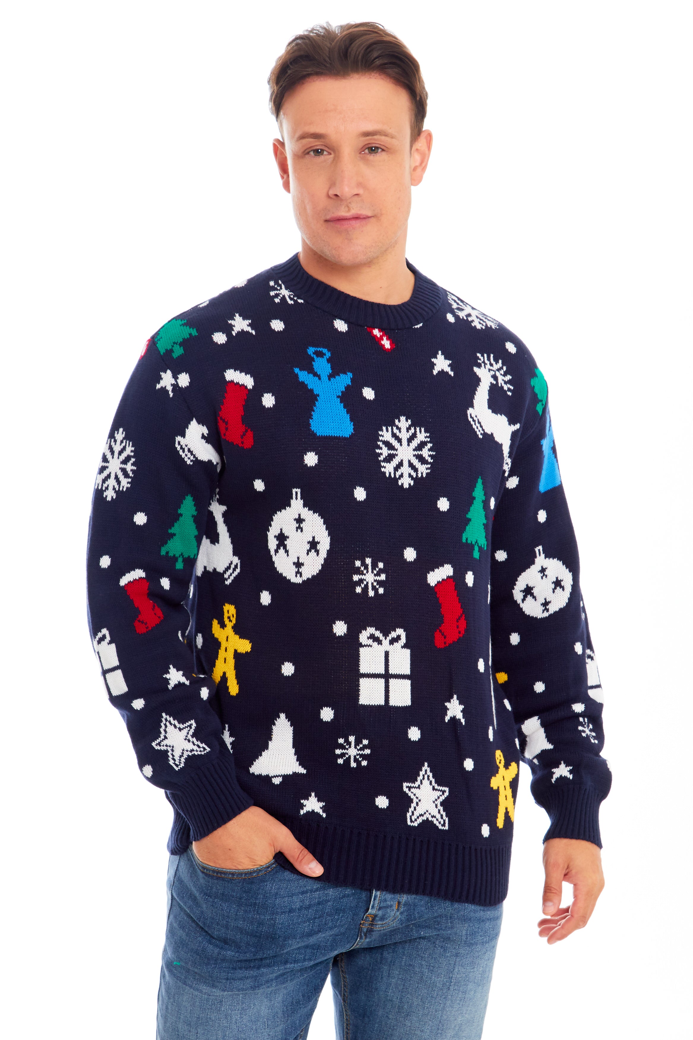 Santa Jingle Navy Family Christmas Jumper – Fun Festive Sweater for Adults (S-4XL) & Kids (2-3 to 13-14) – Cozy Knit with Santa Design, Perfect for Matching Family Holiday Photos, Parties & Christmas Jumper Day