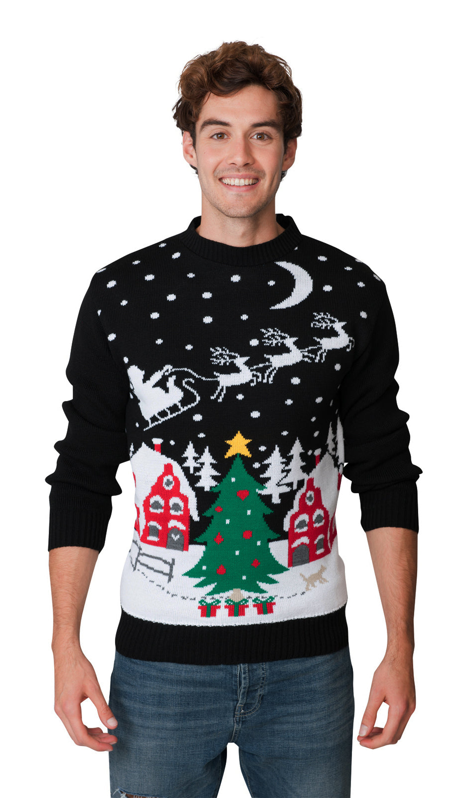 Santa Night Sky Black Family Christmas Jumper – Matching Festive Sweaters for Adults (S-4XL) & Kids (2-3 to 13-14) – Cozy Knit with Santa and Sleigh Design, Perfect for Holiday Photos, Christmas Jumper Day, and Family Celebrations