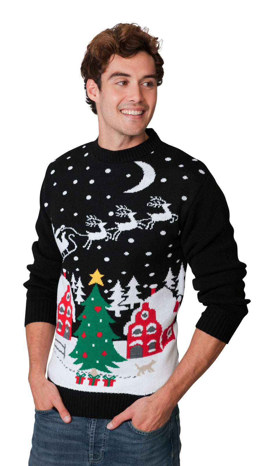 Santa Night Sky Black Family Christmas Jumper – Matching Festive Sweaters for Adults (S-4XL) & Kids (2-3 to 13-14) – Cozy Knit with Santa and Sleigh Design, Perfect for Holiday Photos, Christmas Jumper Day, and Family Celebrations