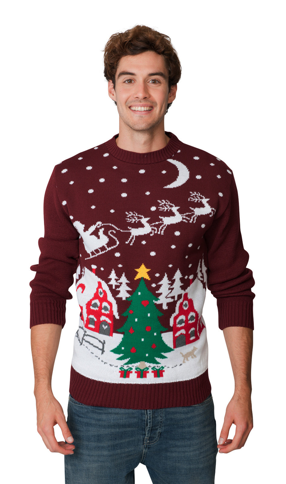 Santa Night Sky Wine Family Christmas Jumper – Festive Knit with Santa, Stars, and Sleigh Design – Cosy and Stylish, Perfect for Matching Family Holiday Photos and Celebrations – Available in Adult & Kids Sizes for a Fun, Coordinated Christmas Look!