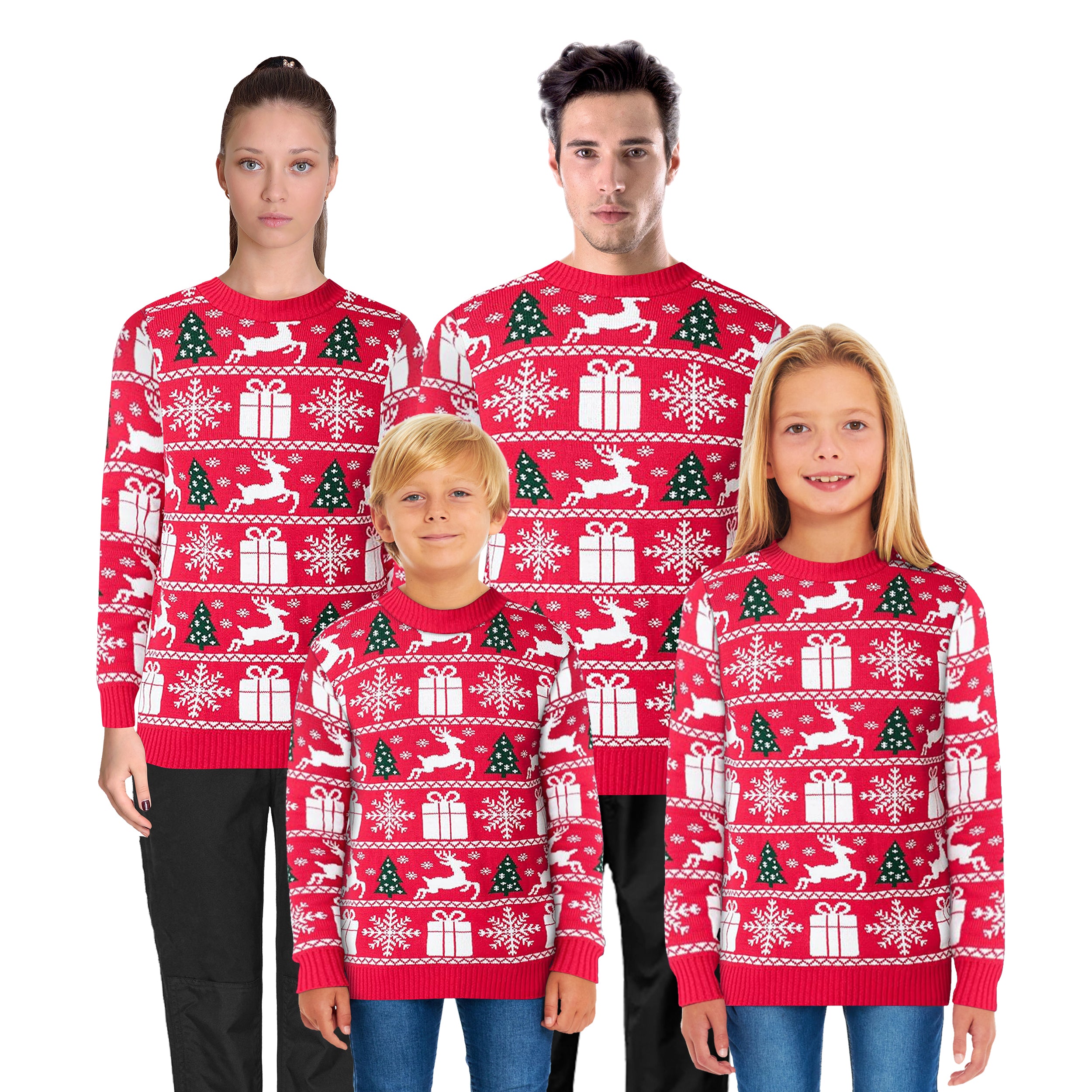 Festive Red Fairisle Family Christmas Jumper – Cozy Knit with Reindeer, Snowflake, and Gift Patterns – Perfect for Matching Family Holiday Photos, Available in Adult & Kids Sizes for a Fun and Festive Winter Season!