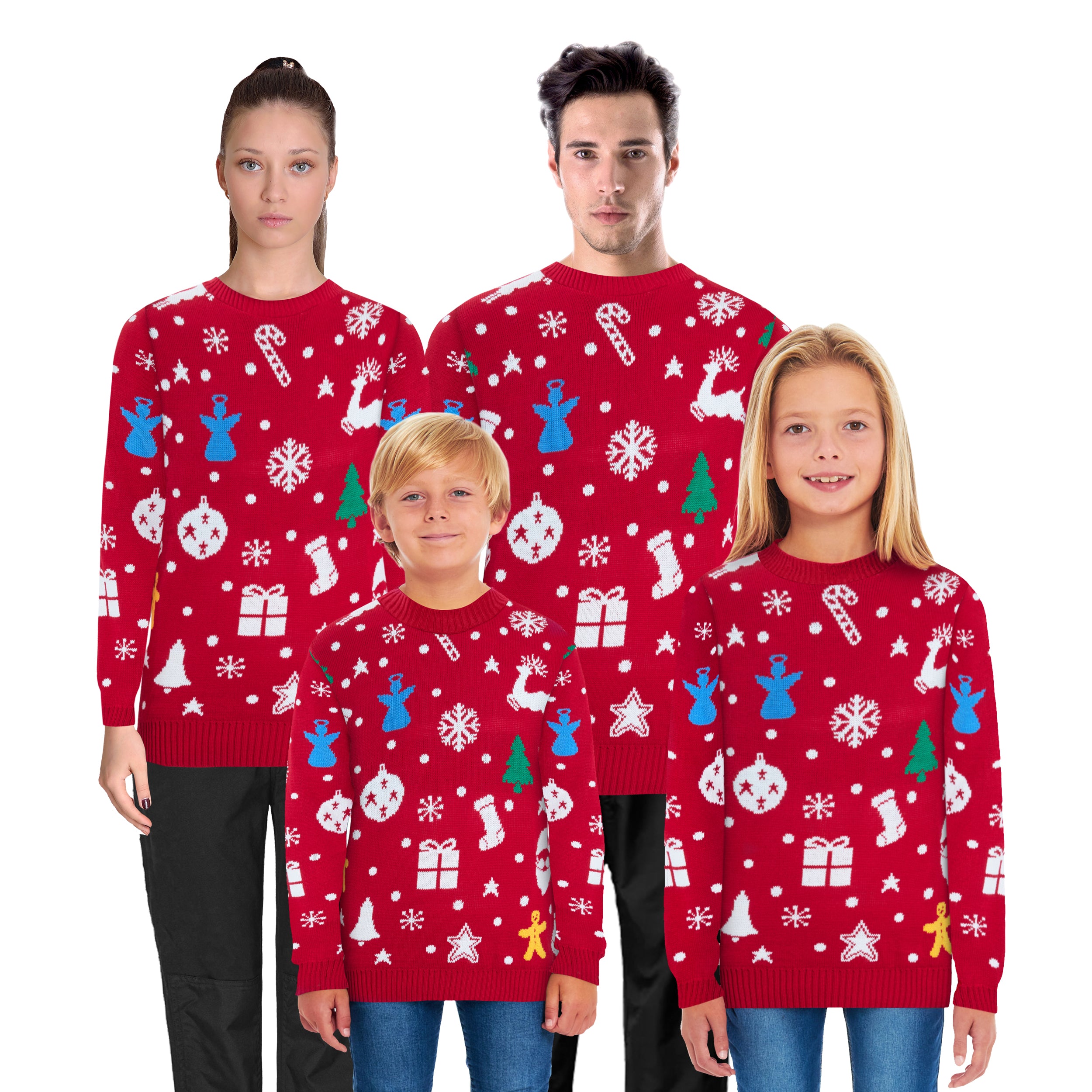 Santa Jingle Red Family Christmas Jumper – Festive Knit with Santa and Bell Design – Available in Adult Sizes (Small to 4XL) & Kids Sizes (2-3 to 13-14) – Perfect for Matching Family Holiday Photos, Christmas Jumper Day, and Festive Celebrations