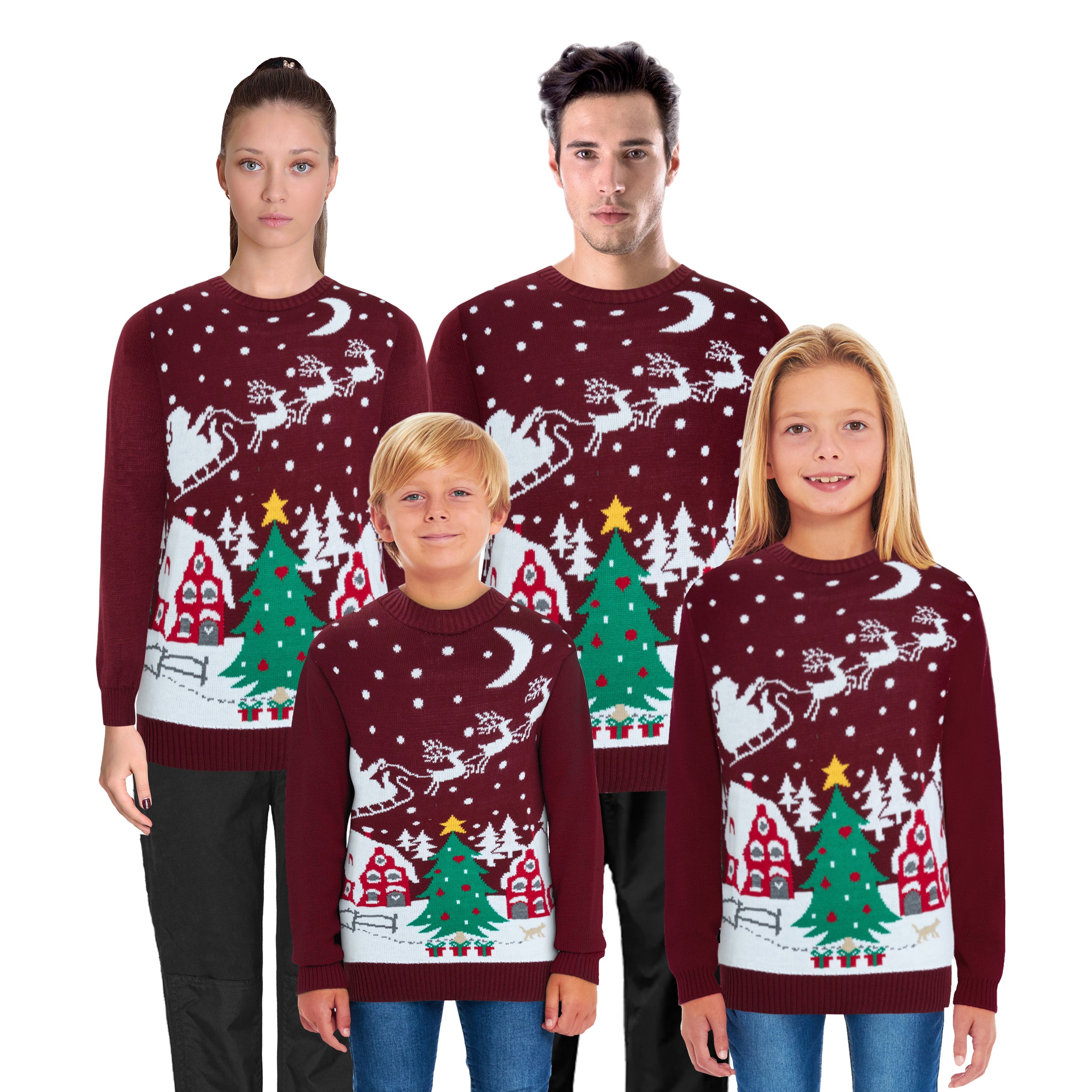 Santa Night Sky Wine Family Christmas Jumper – Festive Knit with Santa, Stars, and Sleigh Design – Cosy and Stylish, Perfect for Matching Family Holiday Photos and Celebrations – Available in Adult & Kids Sizes for a Fun, Coordinated Christmas Look!