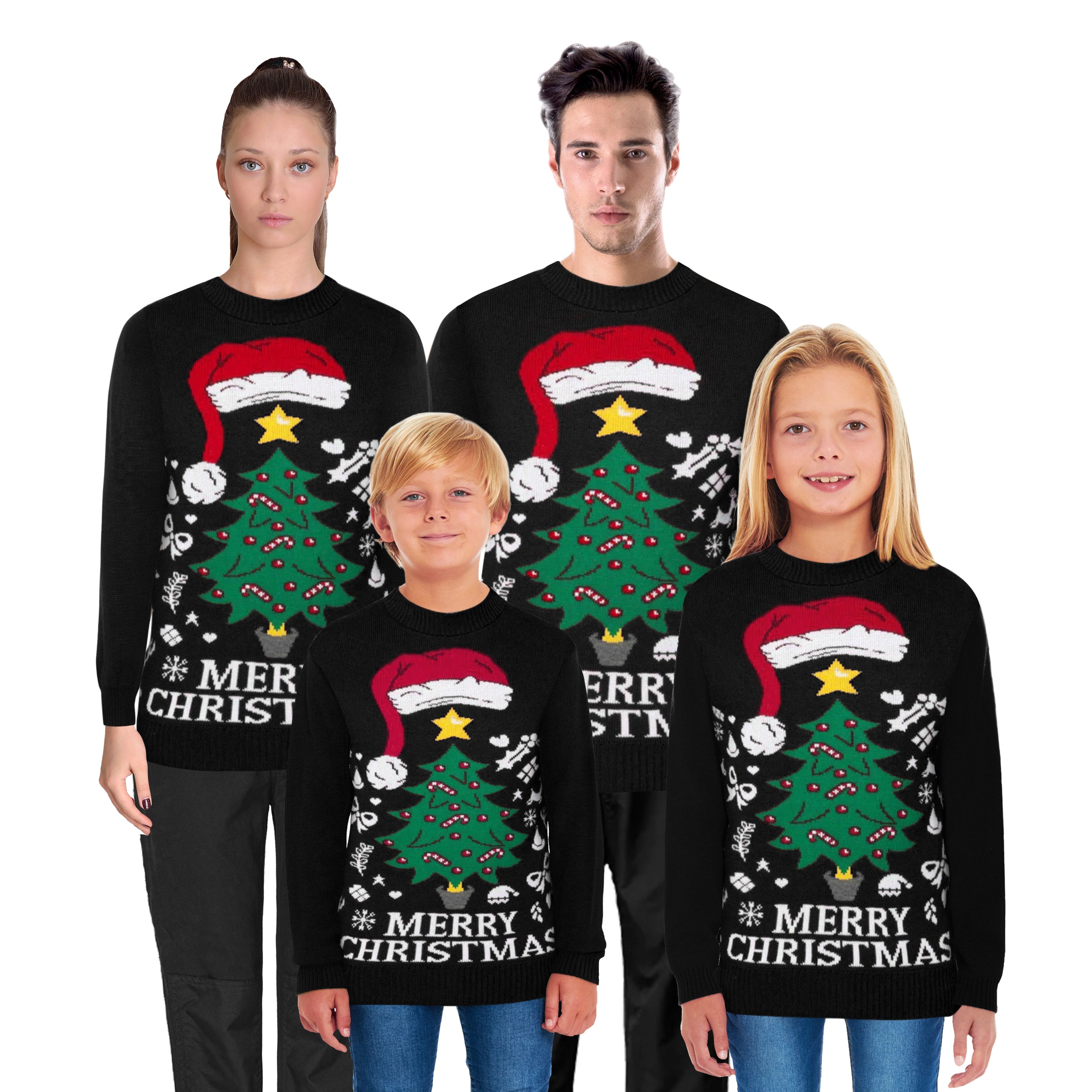 Santa Tree Black Family Christmas Jumper – Matching Festive Sweaters for Adults (S-4XL) & Kids (2-3 to 13-14) – Fun Holiday Design, Cosy Winter Knit, Perfect for Family Photos, Christmas Jumper Day, and Holiday Gatherings!