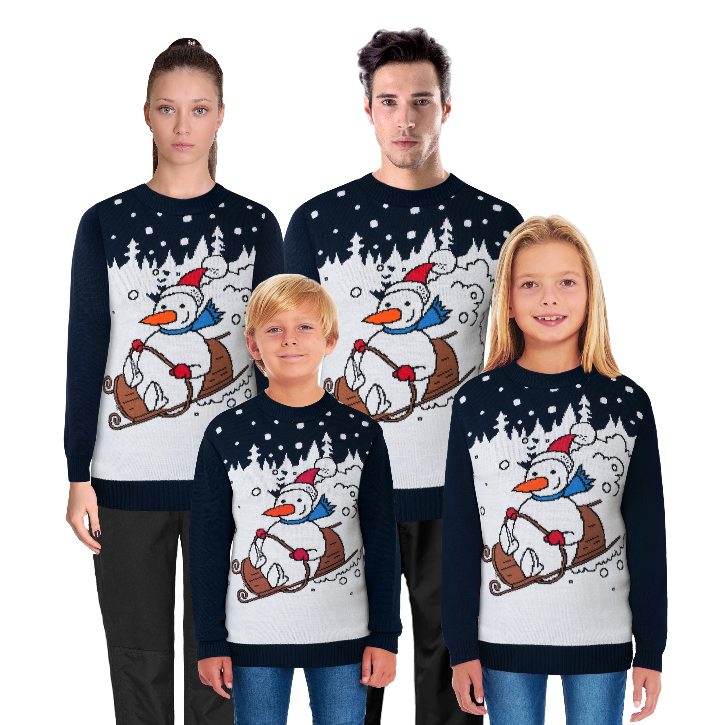 Snowman Sleigh Family Xmas Jumper – Festive Sweater for Adults (S-4XL) & Kids (2-3 to 13-14) – Cosy Knit with Snowman and Sleigh Design, Perfect for Matching Family Photos, Christmas Jumper Day & Holiday Celebrations