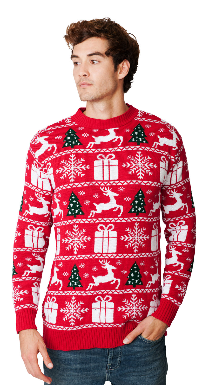 Festive Red Fairisle Family Christmas Jumper – Cozy Knit with Reindeer, Snowflake, and Gift Patterns – Perfect for Matching Family Holiday Photos, Available in Adult & Kids Sizes for a Fun and Festive Winter Season!