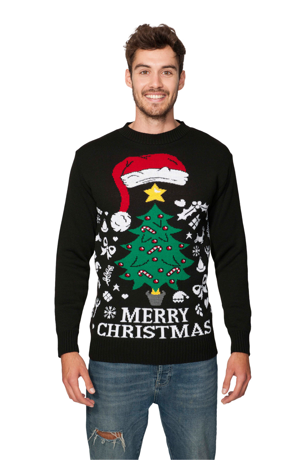 Santa Tree Black Family Christmas Jumper – Matching Festive Sweaters for Adults (S-4XL) & Kids (2-3 to 13-14) – Fun Holiday Design, Cosy Winter Knit, Perfect for Family Photos, Christmas Jumper Day, and Holiday Gatherings!