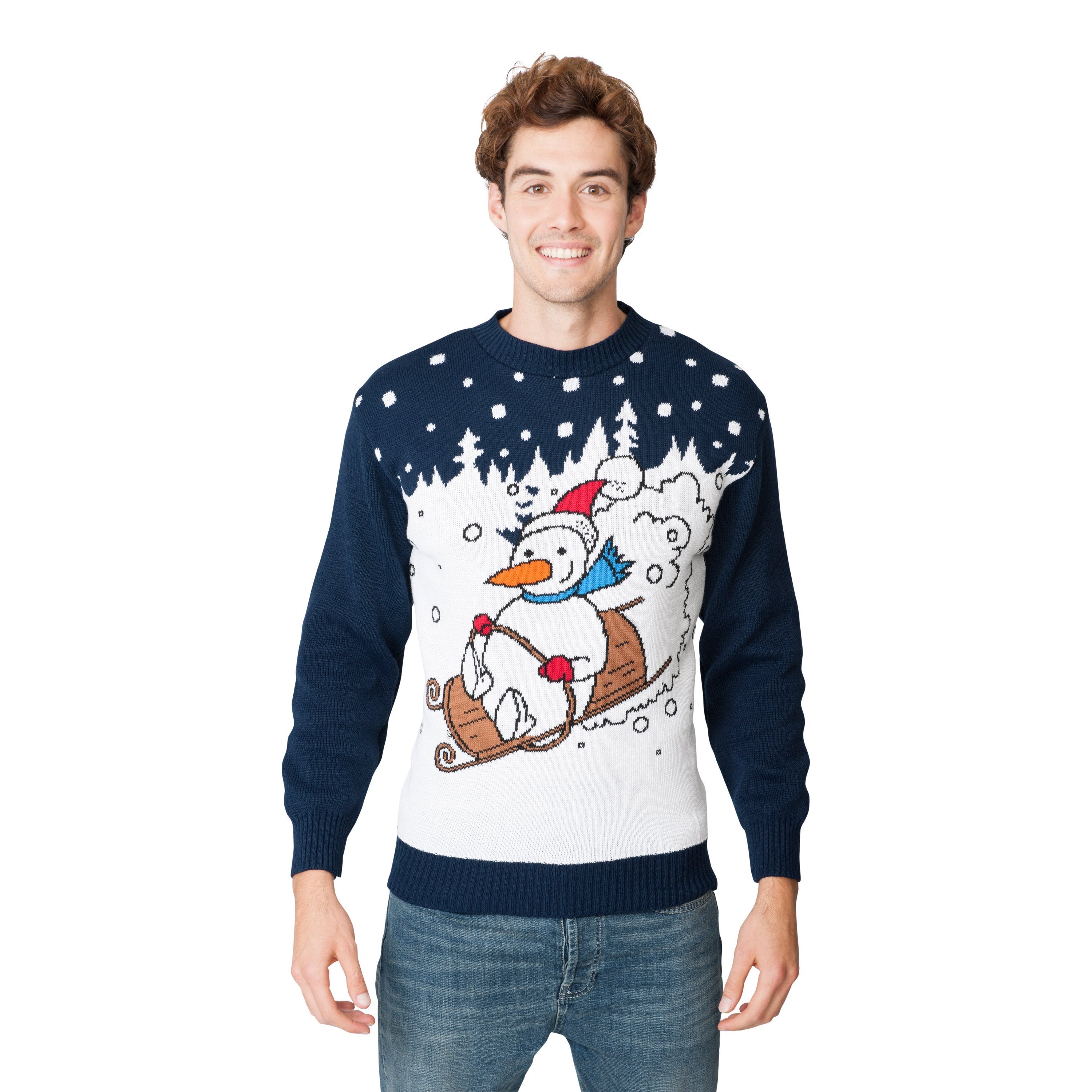 Snowman Sleigh Family Xmas Jumper – Festive Sweater for Adults (S-4XL) & Kids (2-3 to 13-14) – Cosy Knit with Snowman and Sleigh Design, Perfect for Matching Family Photos, Christmas Jumper Day & Holiday Celebrations