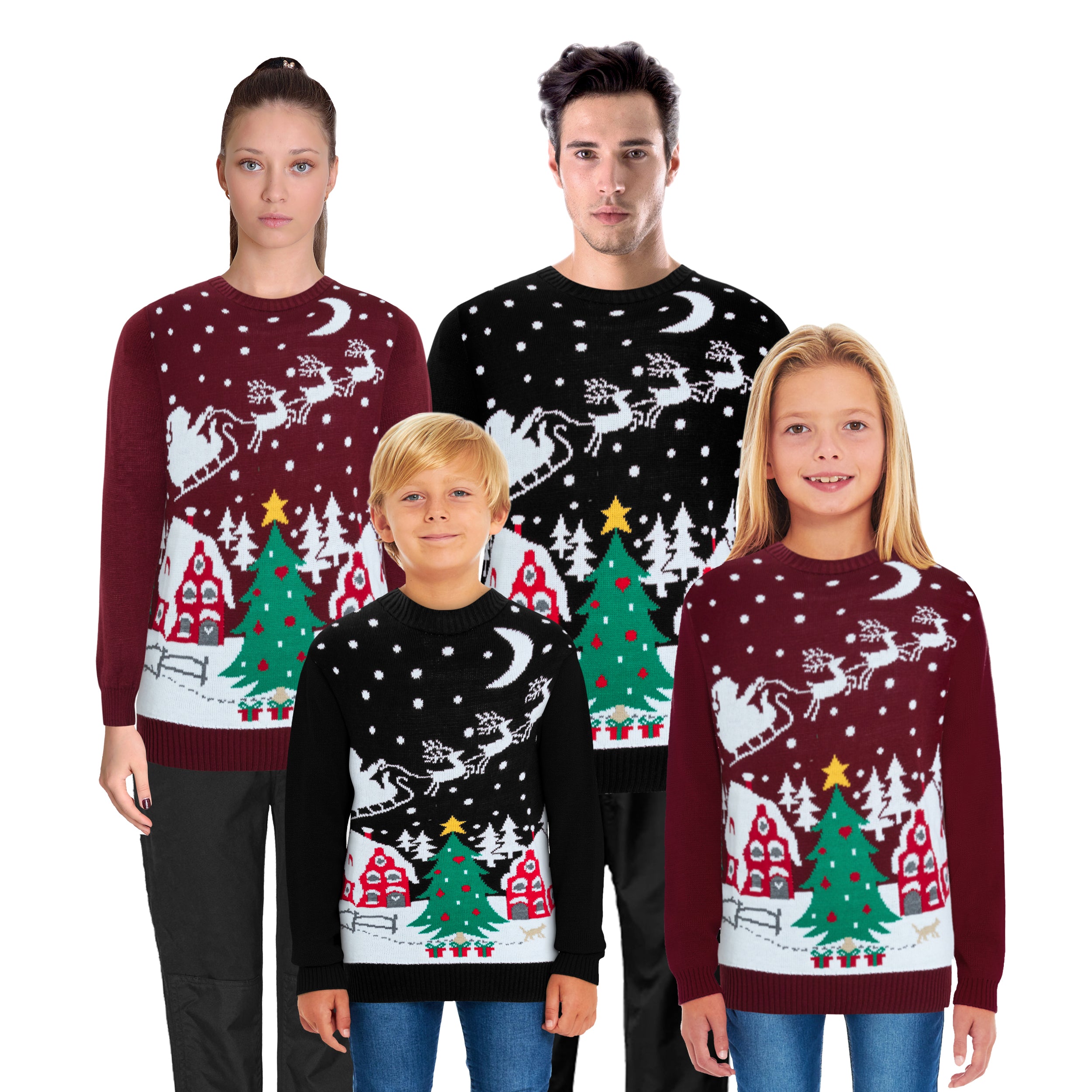 Santa Night Sky Wine Family Christmas Jumper – Festive Knit with Santa, Stars, and Sleigh Design – Cosy and Stylish, Perfect for Matching Family Holiday Photos and Celebrations – Available in Adult &amp; Kids Sizes for a Fun, Coordinated Christmas Look!